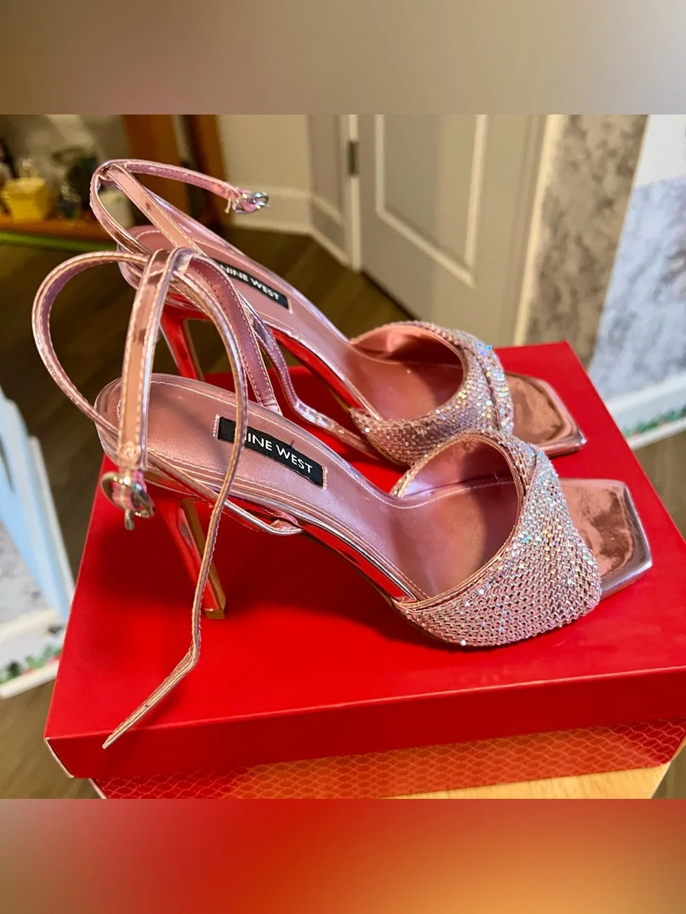 Nine West Rose Pink Metallic Crystal Strap Slingback Heels
